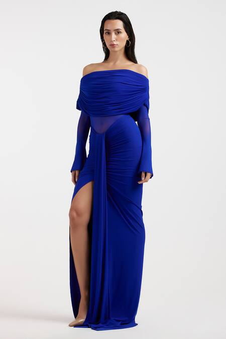 Deme By Gabriella Blue Off-shoulder Royal Designer Gown Online at Aza Fashions Deme By Gabriella_Blue Off-shoulder Royal Designer Gown _Online_at_Aza_Fashions