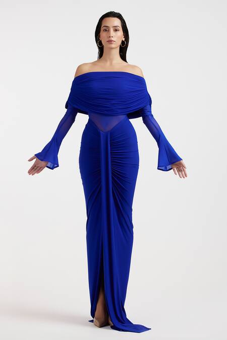 Shop Deme By Gabriella Blue Off-shoulder Royal Designer Gown Online at Aza Fashions Shop_Deme By Gabriella_Blue Off-shoulder Royal Designer Gown _Online_at_Aza_Fashions