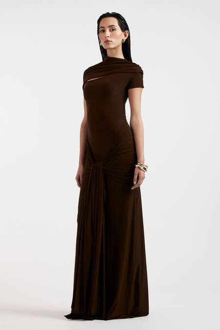 Deme By Gabriella_Brown Asymmetric Expresso Draped Dress _Online_at_Aza_Fashions