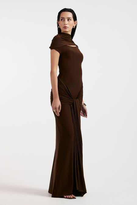 Buy_Deme By Gabriella_Brown Asymmetric Expresso Draped Dress _Online_at_Aza_Fashions