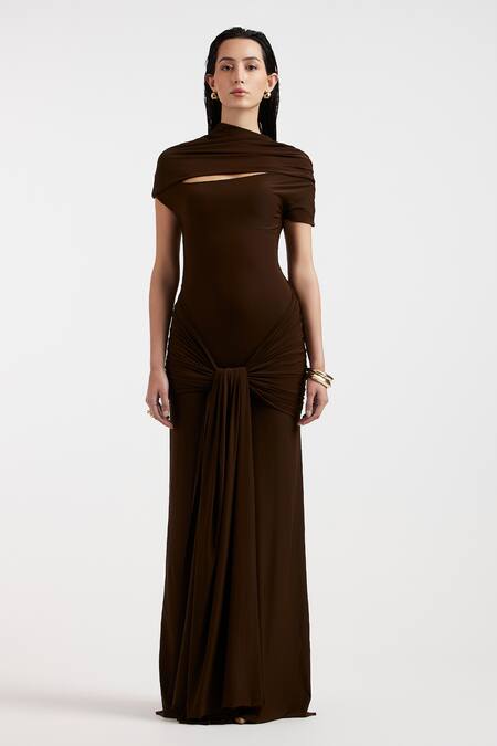 Shop_Deme By Gabriella_Brown Asymmetric Expresso Draped Dress _Online_at_Aza_Fashions