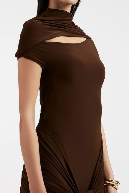 Buy_Deme By Gabriella_Brown Asymmetric Expresso Draped Dress 