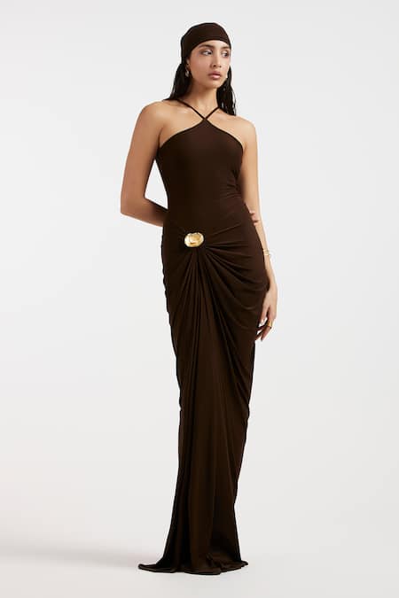 Buy_Deme By Gabriella_Brown Halter Neck Expresso Designer Dress _Online_at_Aza_Fashions