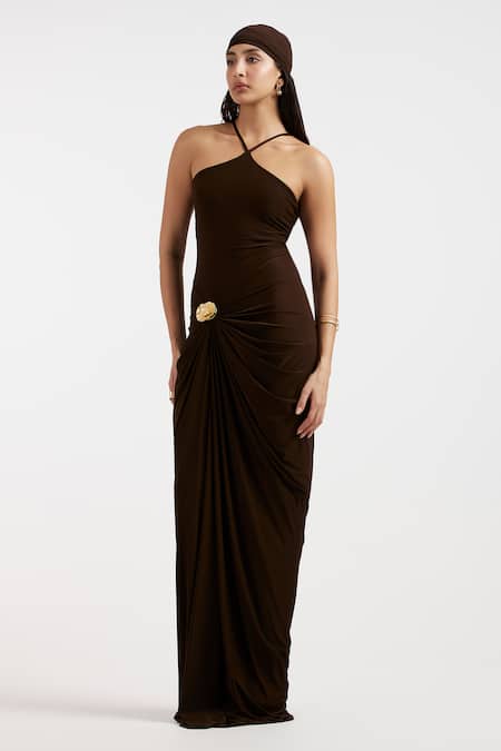 Shop_Deme By Gabriella_Brown Halter Neck Expresso Designer Dress _Online_at_Aza_Fashions