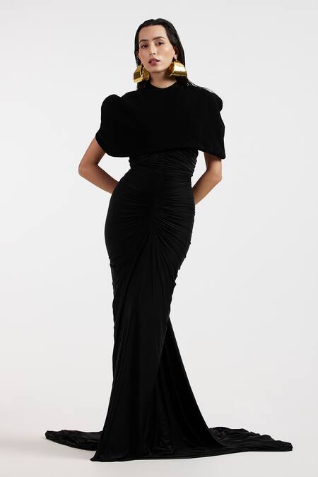 Deme By Gabriella_Black High Neck Designer Isadora Gown And Cape Set _at_Aza_Fashions