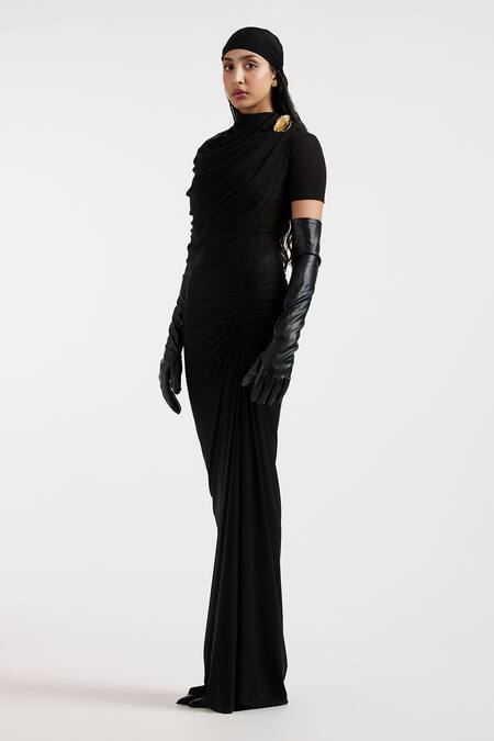 Deme By Gabriella Black Brooches Open Neck Draped Designer Dress Online at Aza Fashions Deme By Gabriella_Black Brooches Open Neck Draped Designer Dress _Online_at_Aza_Fashions