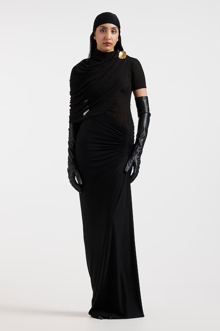 Buy Deme By Gabriella Black Brooches Open Neck Draped Designer Dress Online at Aza Fashions Buy_Deme By Gabriella_Black Brooches Open Neck Draped Designer Dress _Online_at_Aza_Fashions