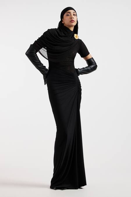 Shop Deme By Gabriella Black Brooches Open Neck Draped Designer Dress Online at Aza Fashions Shop_Deme By Gabriella_Black Brooches Open Neck Draped Designer Dress _Online_at_Aza_Fashions