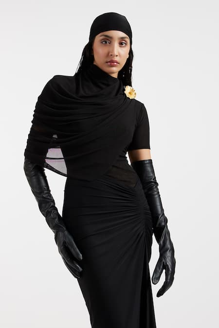 Deme By Gabriella Black Brooches Open Neck Draped Designer Dress at Aza Fashions Deme By Gabriella_Black Brooches Open Neck Draped Designer Dress _at_Aza_Fashions
