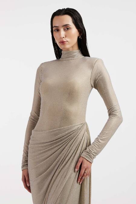 Deme By Gabriella_Silver Rhinestones High Neck Designer Gown _Online_at_Aza_Fashions