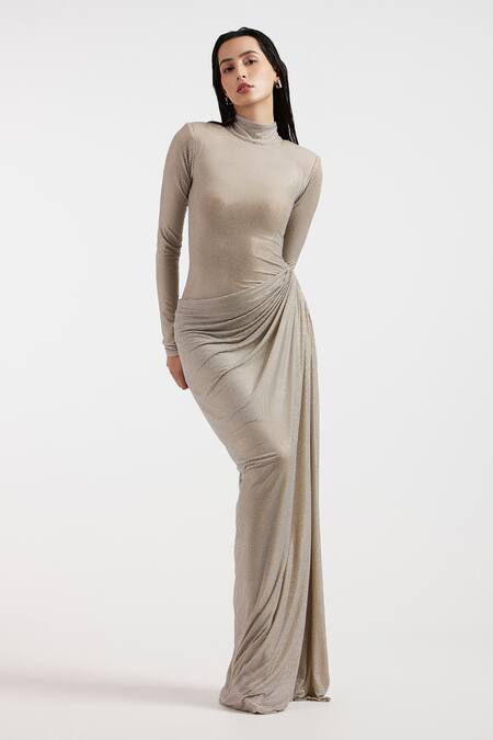 Buy_Deme By Gabriella_Silver Rhinestones High Neck Designer Gown _Online_at_Aza_Fashions