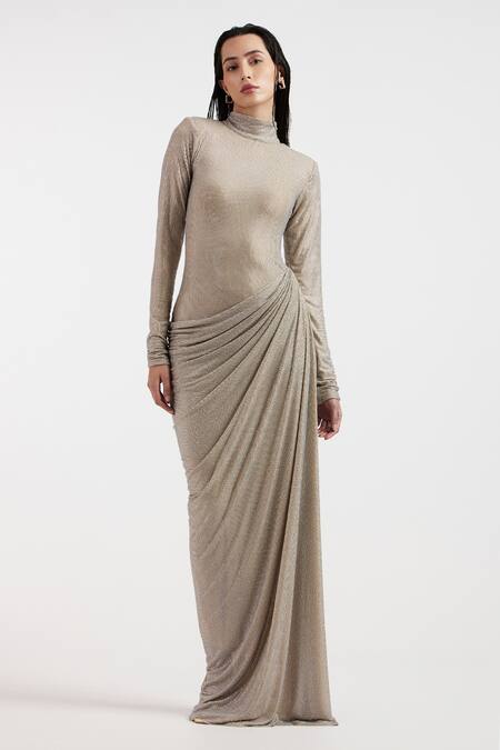 Shop_Deme By Gabriella_Silver Rhinestones High Neck Designer Gown _Online_at_Aza_Fashions