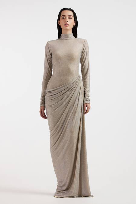 Deme By Gabriella_Silver Rhinestones High Neck Designer Gown _at_Aza_Fashions