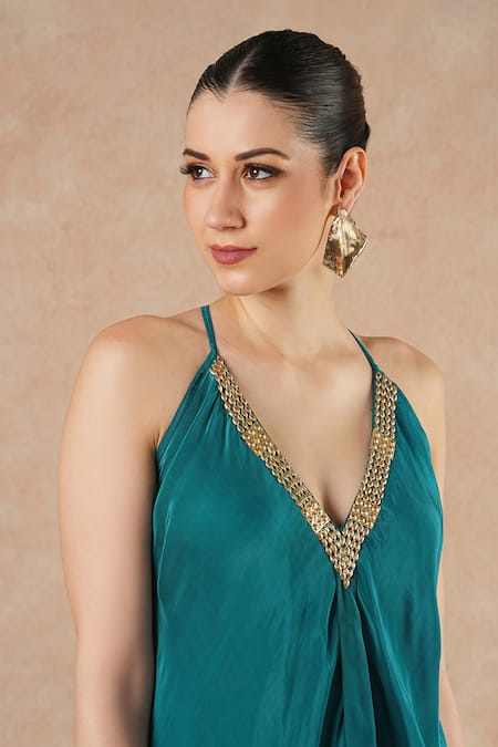 Dori & CO._Teal Silk, Crepe Metallic Thread V-neck Blue Designer Dress _Online_at_Aza_Fashions