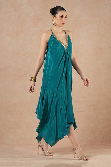 Buy_Dori & CO._Teal Silk, Crepe Metallic Thread V-neck Blue Designer Dress _Online_at_Aza_Fashions