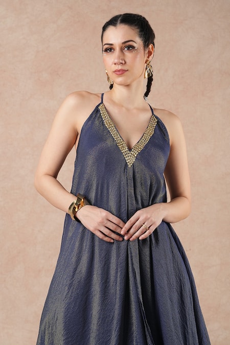 Dori & CO._Blue Tissue, Silk Embroidery V-neck Metal Hand Dress _Online_at_Aza_Fashions