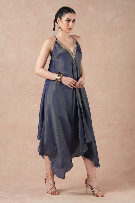 Buy_Dori & CO._Blue Tissue, Silk Embroidery V-neck Metal Hand Dress _Online_at_Aza_Fashions