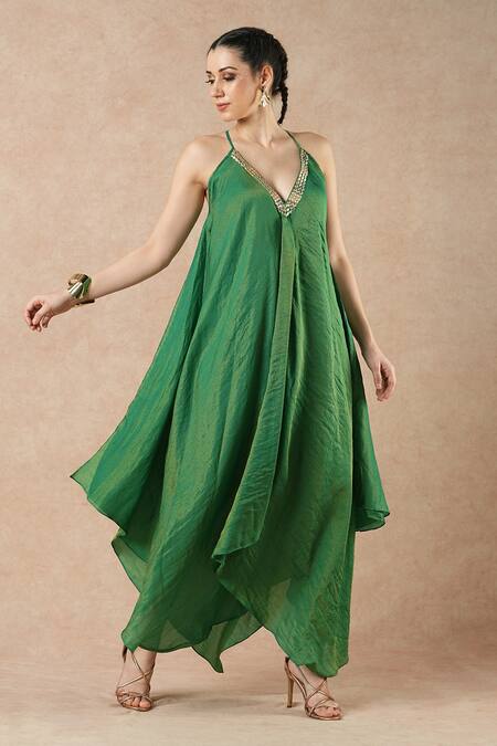 Dori & CO._Emerald Green Silk, Tissue Embroidery V-neck Designer Dress _Online_at_Aza_Fashions