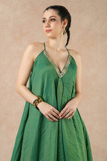 Buy_Dori & CO._Emerald Green Silk, Tissue Embroidery V-neck Designer Dress _Online_at_Aza_Fashions