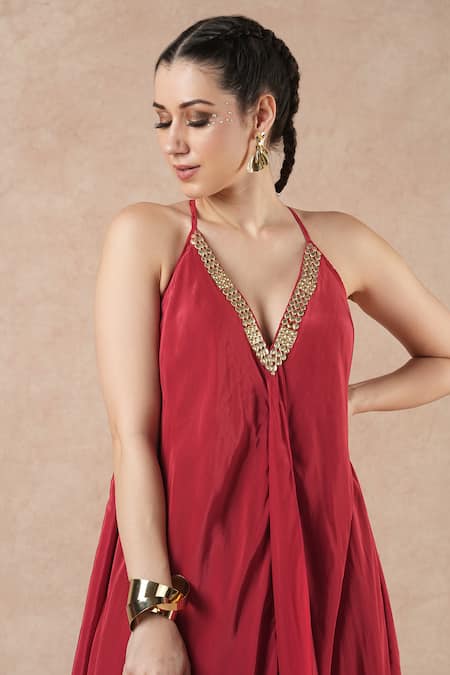 Dori & CO. Red Embroidery V-neck Ruby Silk Crepe Dress Online at Aza Fashions Dori & CO._Red Embroidery V-neck Ruby Silk Crepe Dress _Online_at_Aza_Fashions