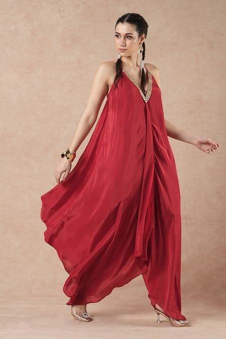 Buy Dori & CO. Red Embroidery V-neck Ruby Silk Crepe Dress Online at Aza Fashions Buy_Dori & CO._Red Embroidery V-neck Ruby Silk Crepe Dress _Online_at_Aza_Fashions