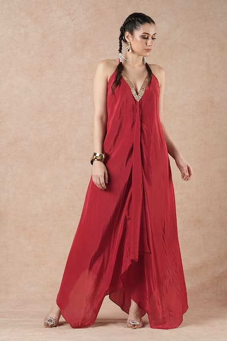 Dori & CO. Red Embroidery V-neck Ruby Silk Crepe Dress 