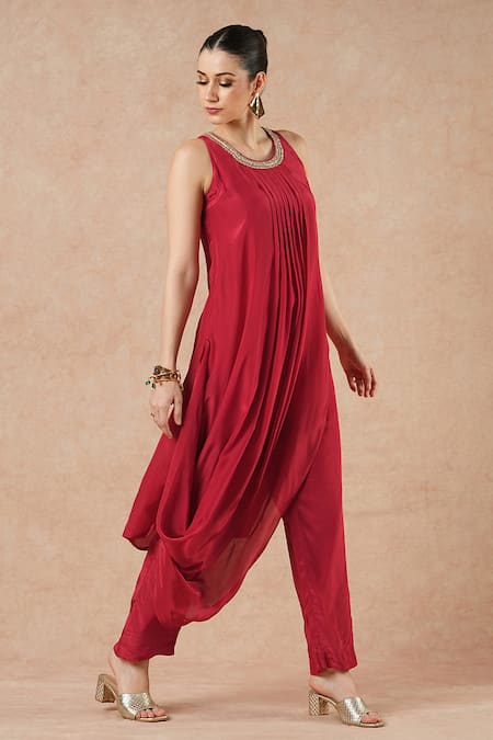 Shop_Dori & CO._Red Silk Embroidery Round Neck Ruby Metal Hand Kurta Set _Online_at_Aza_Fashions