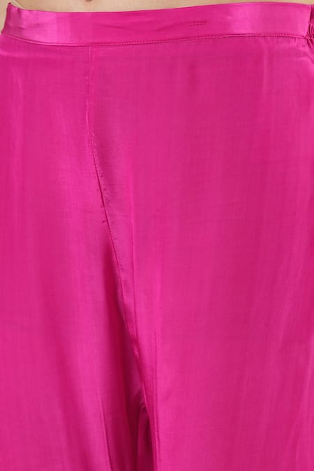 Dori & CO._Pink Silk, Crepe Embroidery Round Neck Hot Kurta And Pants Set _Online_at_Aza_Fashions