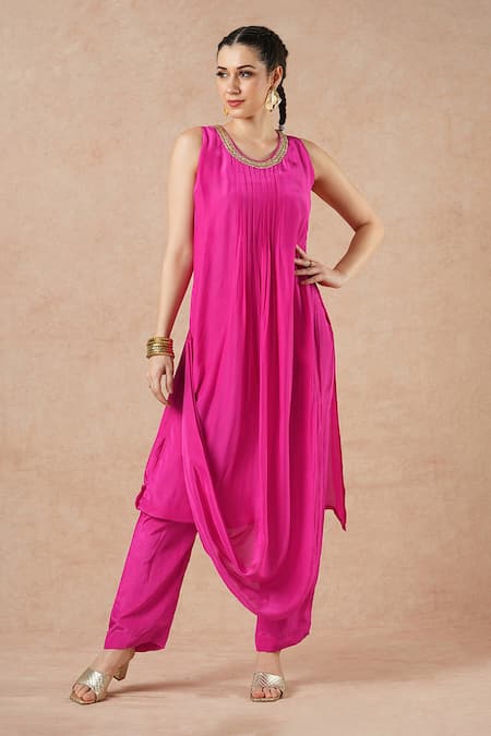 Dori & CO. Pink Silk, Crepe Embroidery Round Neck Hot Kurta And Pants Set 