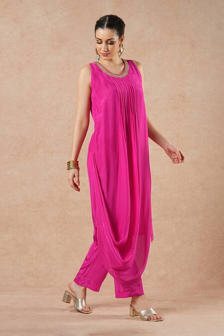Shop_Dori & CO._Pink Silk, Crepe Embroidery Round Neck Hot Kurta And Pants Set _Online_at_Aza_Fashions