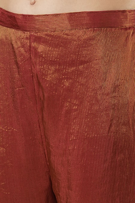 Buy_Dori & CO._Red Silk, Tissue Embroidery V-neck Ruby Metal Hand Kurta Set _Online_at_Aza_Fashions