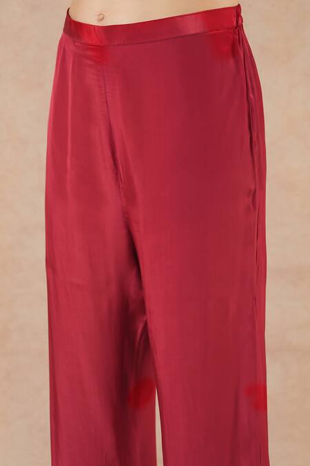 Dori & CO._Red Embroidery V-neck Ruby Silk Crepe Kurta And Pants Set _Online_at_Aza_Fashions