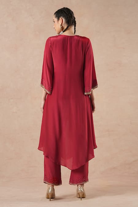 Dori & CO. Ruby Red Silk Crepe Kurta & Pants Set 