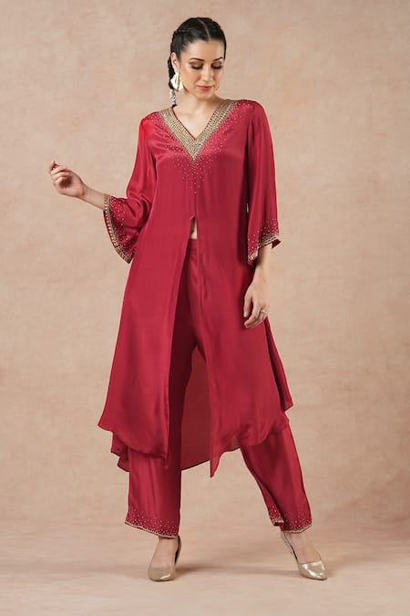 Dori & CO. Red Embroidery V-neck Ruby Silk Crepe Kurta And Pants Set 