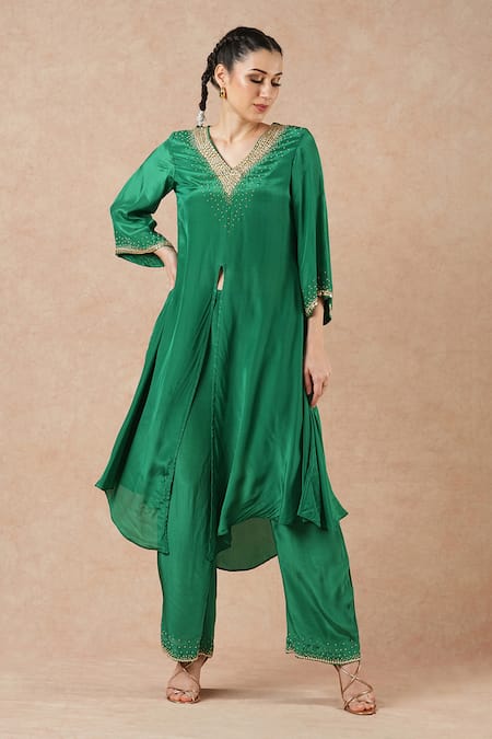 Dori & Co. Emerald Green Silk Crepe Kurta Set 
