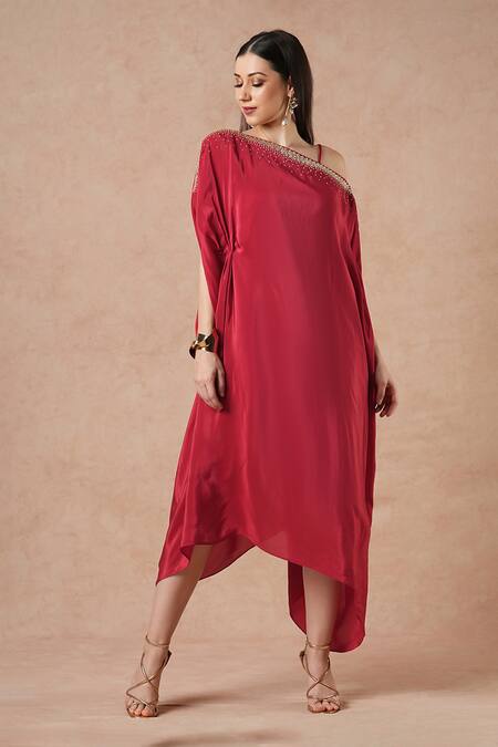 Dori & CO._Red Embroidery Asymmetric Ruby Metal Hand Kaftan _Online_at_Aza_Fashions