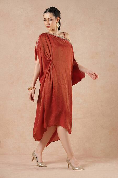 Dori & CO._Red Embroidery Asymmetric Ruby Metal Hand Kaftan _Online_at_Aza_Fashions