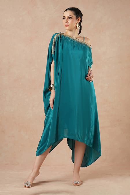 Dori & CO. Teal Embroidery Off-shoulder Blue Metal Hand Kaftan 