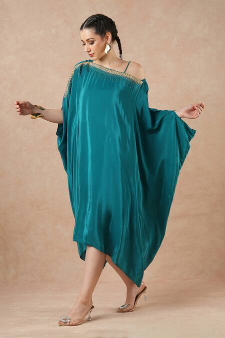 Dori & CO._Teal Embroidery Off-shoulder Blue Metal Hand Kaftan _Online_at_Aza_Fashions