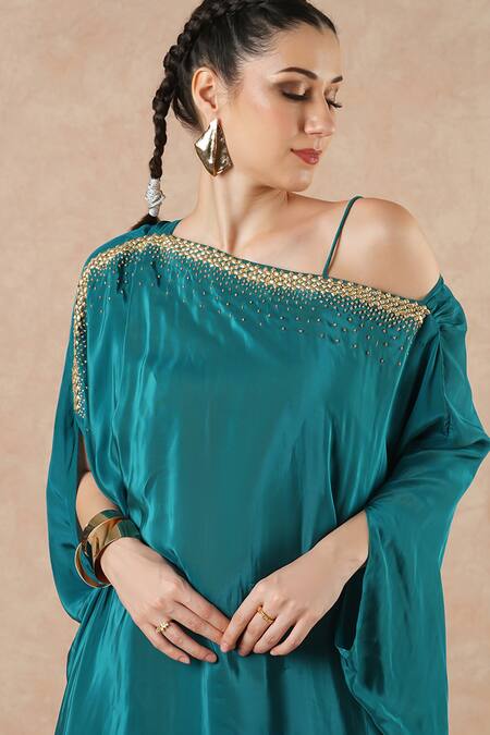 Buy_Dori & CO._Teal Embroidery Off-shoulder Blue Metal Hand Kaftan _Online_at_Aza_Fashions