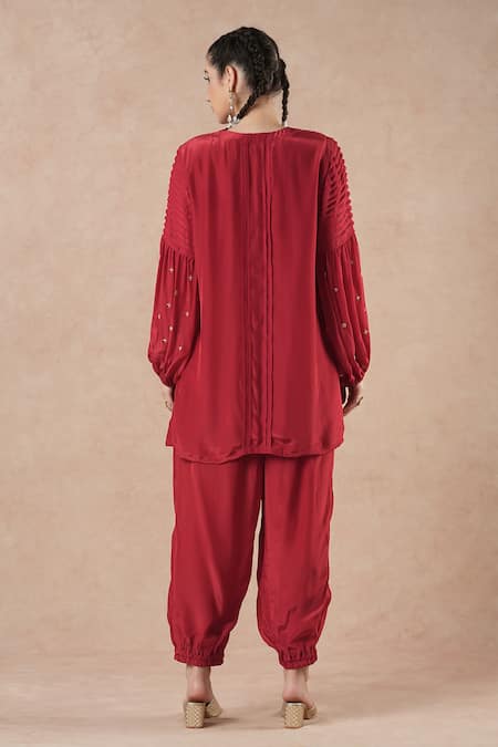 Dori & CO. Ruby Red Metal Hand Embroidered Kurta Set 