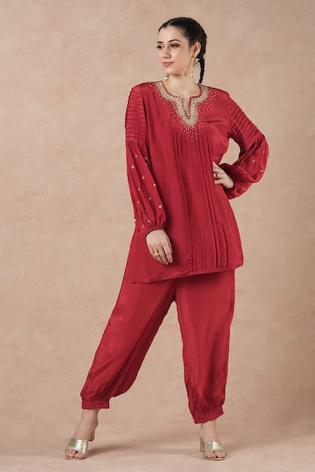 Dori & CO. Red Silk, Crepe Embroidery Round Neck Ruby Metal Hand Kurta Set 
