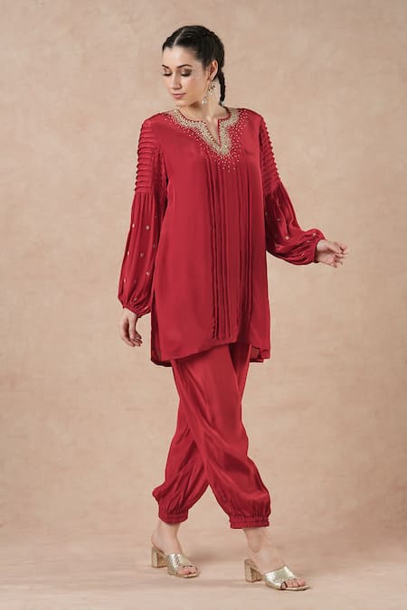 Dori & CO._Red Silk, Crepe Embroidery Round Neck Ruby Metal Hand Kurta Set _Online_at_Aza_Fashions