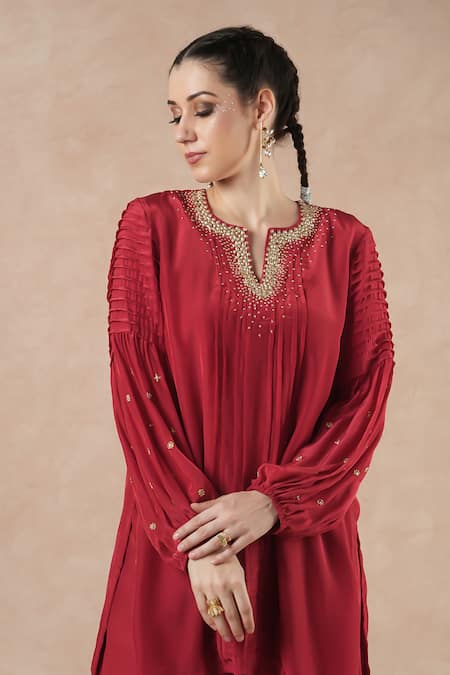 Buy_Dori & CO._Red Silk, Crepe Embroidery Round Neck Ruby Metal Hand Kurta Set _Online_at_Aza_Fashions
