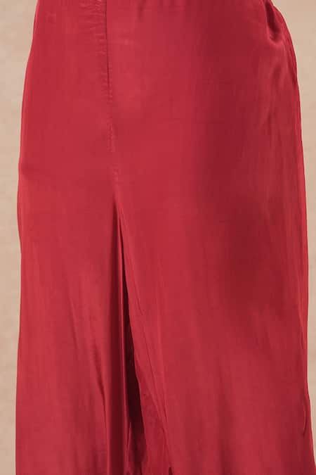 Shop_Dori & CO._Red Silk, Crepe Embroidery Round Neck Ruby Metal Hand Kurta Set _Online_at_Aza_Fashions