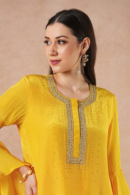 Dori & CO._Yellow Silk Embroidery Round Neck Golden Crepe Kurta And Pants Set _Online_at_Aza_Fashions