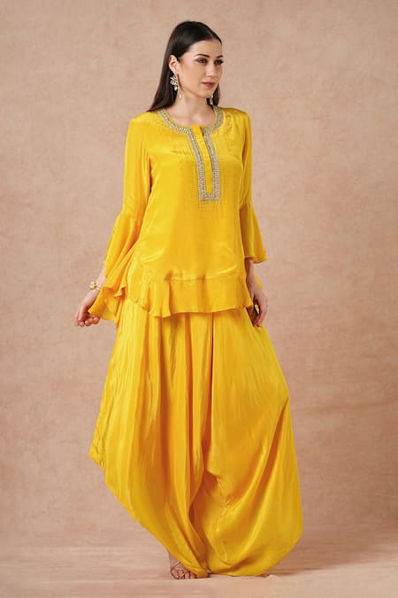 Shop_Dori & CO._Yellow Silk Embroidery Round Neck Golden Crepe Kurta And Pants Set _Online_at_Aza_Fashions