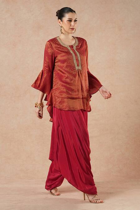 Dori & CO._Red Tissue, Silk Metallic Thread Round Neck Ruby Kurta And Flared Pants Set _Online_at_Aza_Fashions