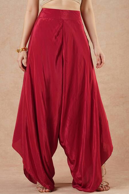 Buy_Dori & CO._Red Tissue, Silk Metallic Thread Round Neck Ruby Kurta And Flared Pants Set _Online_at_Aza_Fashions