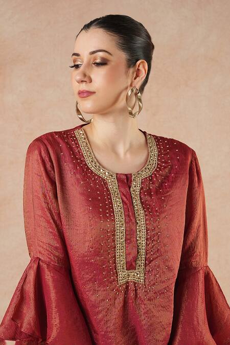 Shop_Dori & CO._Red Tissue, Silk Metallic Thread Round Neck Ruby Kurta And Flared Pants Set _Online_at_Aza_Fashions
